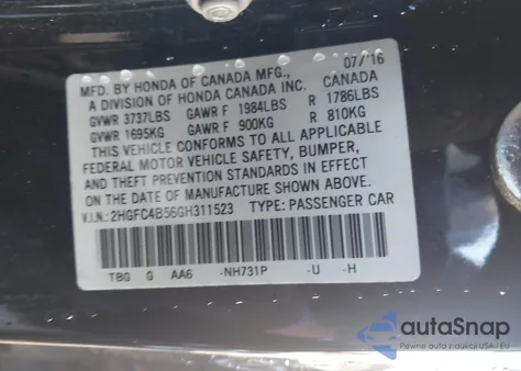 2016 Honda Civic Lx z USA, uszkodzony, nr VIN 2HGFC4B56GH311523